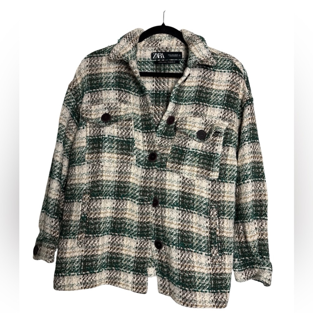 Zara Green and Cream Plaid Tweed Shacket Jacket Size Small